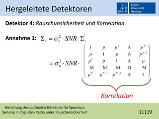 Herleitung des optimalen Detektors für Spectrum
Sensing in Cognitive Radio unter Rauschunsicherheit 11|19
Hergeleitete Detektoren
Detektor 4: Rauschunsicherheit und Korrelation
Annahme 1:


















1
1
1
1
21
2
1
2





NNN
N
N
ppp
ppp
ppp
ppp
'2
sns SNR  
 SNRn
2

Korrelation
 