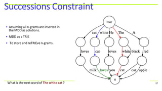 Successions Constraint
• Assuming all n-grams are inserted in
the MDD as solutions.
• MDD as a TRIE
• To store and reTRIEve n-grams.
What is the next word of The white cat ? 37
 