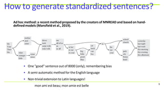 How to generate standardized sentences?
• One "good" sentence out of 8000 (only); remembering bias
• A semi-automatic method for the English language
• Non-trivial extension to Latin languages!
mon ami est beau; mon amie est belle
Ad hoc method: a recent method proposed by the creators of MNREAD and based on hand-
defined models (Mansfield et al., 2019).
9
 