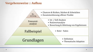 Vorgehensweise :: Aufbau

                            • Chancen & Risiken, Stärken & Schwächen
                  Be-
                wertung     • Zusammenfassung offener Punkte

                                   • Ist- / Soll-Analyse
               Potenzial-          • Nutzwertanalyse
                analyse
                                   • Bewertung & Ableitung von Ergebnissen


            Fallbeispiel                  • Roter Faden



           Grundlagen                            • Definition
                                                 • Thematische Adaption
 