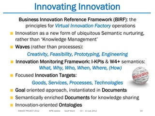 ©BIVEE PROJECT 2012 WP8 Update Geoff Ward 10 – 13 July 2012 19
Innovating Innovation
Business Innovation Reference Framework (BIRF): the
principles for Virtual Innovation Factory operations
Innovation as a new form of ubiquitous Semantic nurturing,
rather than ‘Knowledge Management’
Waves (rather than processes):
Creativity, Feasibility, Prototyping, Engineering
Innovation Monitoring Framework: I-KPIs & W4+ semantics:
What, Why, Who, When, Where, (How)
Focused Innovation Targets:
Goods, Services, Processes, Technologies
Goal oriented approach, instantiated in Documents
Semantically enriched Documents for knowledge sharing
Innovation-oriented Ontologies
 