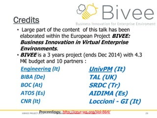 ©BIVEE PROJECT 2013 WP8 Update Geoff Ward March 2013 29
Engineering (It)
BIBA (De)
BOC (At)
ATOS (Es)
CNR (It)
UnivPM (It)
TAL (UK)
SRDC (Tr)
AIDIMA (Es)
Loccioni - GI (It)
Credits
• Large part of the content of this talk has been
elaborated within the European Project BIVEE:
Business Innovation in Virtual Enterprise
Environments.
• BIVEE is a 3 years project (ends Dec 2014) with 4.3
M€ budget and 10 partners :
Proceedings: http://ceur-ws.org/Vol-864/
 