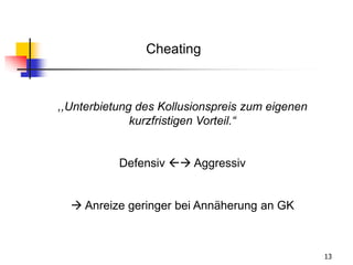 13
,,Unterbietung des Kollusionspreis zum eigenen
kurzfristigen Vorteil.“
Defensiv  Aggressiv
 Anreize geringer bei Annäherung an GK
Cheating
 