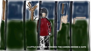 A LITTLE KID WALKS TOWARDS THE CAMERA BEHIND A GATE