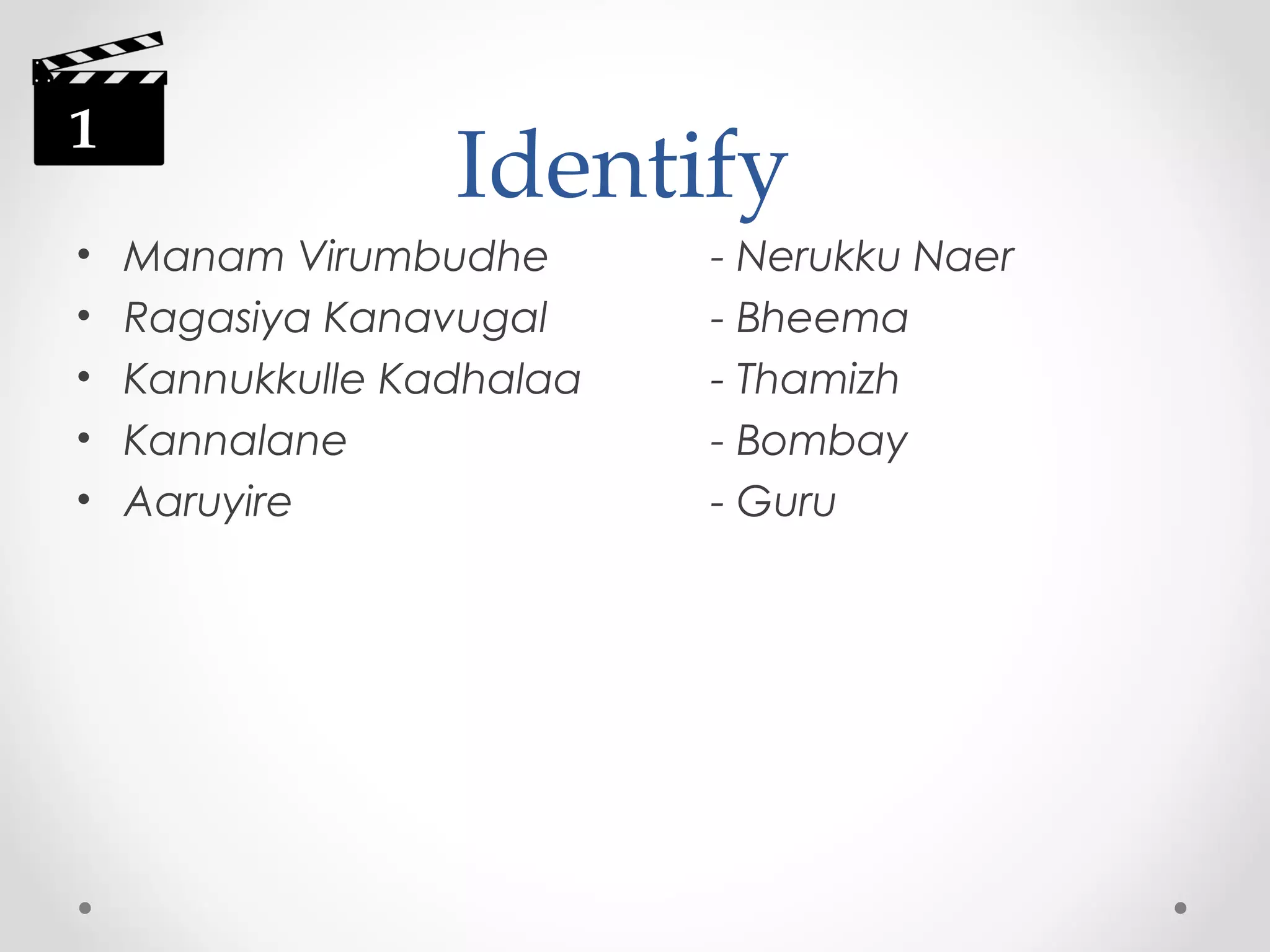 1
•
•
•
•
•

Identify
Manam Virumbudhe
Ragasiya Kanavugal
Kannukkulle Kadhalaa
Kannalane
Aaruyire

- Nerukku Naer
- Bheema
- Thamizh
- Bombay
- Guru

 