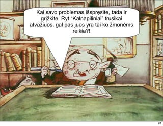 Kai savo problemas išspręsite, tada ir
    grįžkite. Ryt “Kalnapiliniai” trusikai
atvažiuos, gal pas juos yra tai ko žmonėms
                   reikia?!




                                             67
 
