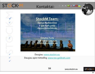 Kontaktai:

             StockM Team:
               Darius Radkevičius 
                 + 370 698 41027 
                darius@stockm.eu 



                 Dmytro Turlo
                +38 050 444 94 432
               dmytro@stockm.eu 



             Daugiau: www.stockm.eu
   Daugiau apie metodiką: www.toc‐goldratt.com


                          84             www.stockm.eu
                                                         84
 