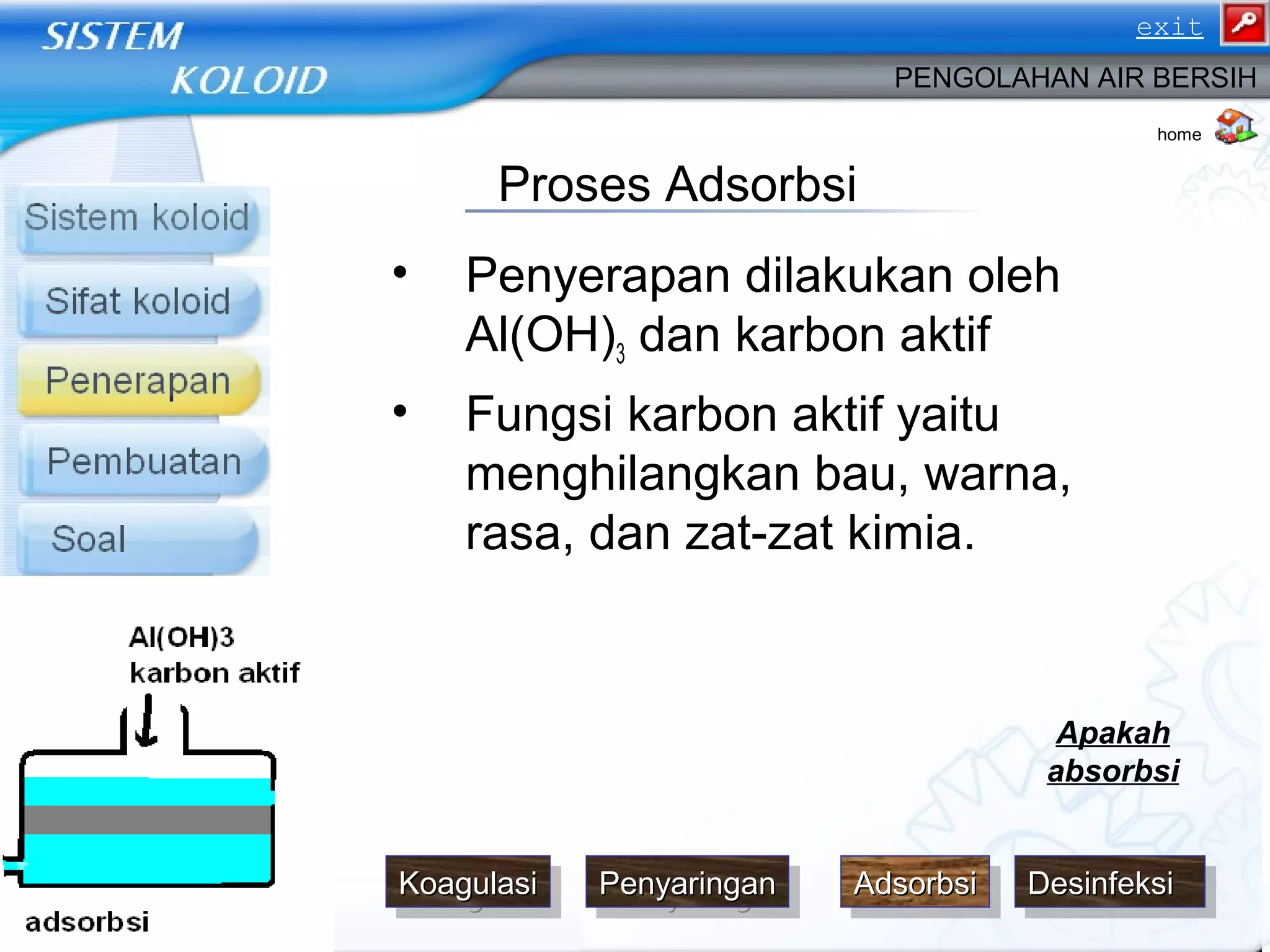 • Penyerapan dilakukan oleh
Al(OH)3 dan karbon aktif
• Fungsi karbon aktif yaitu
menghilangkan bau, warna,
rasa, dan zat-zat kimia.
PENGOLAHAN AIR BERSIH
Proses Adsorbsi
home
DesinfeksiDesinfeksiDesinfeksiDesinfeksiKoagulasiKoagulasiKoagulasiKoagulasi PenyaringanPenyaringanPenyaringanPenyaringan AdsorbsiAdsorbsiAdsorbsiAdsorbsi
Apakah
absorbsi
exit
 