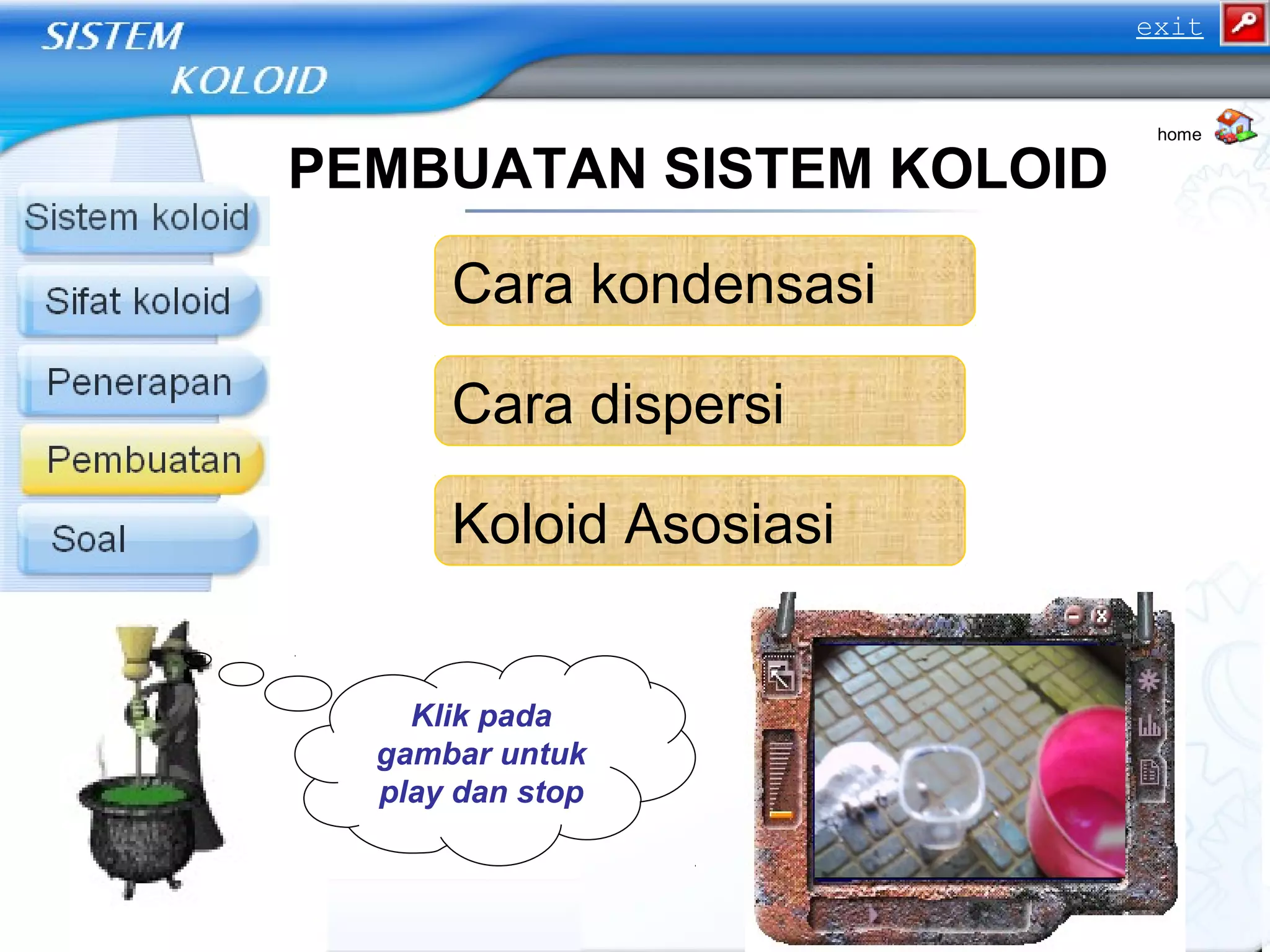 Cara dispersi
Koloid Asosiasi
Cara kondensasi
PEMBUATAN SISTEM KOLOID
home
Klik pada
gambar untuk
play dan stop
exit
 