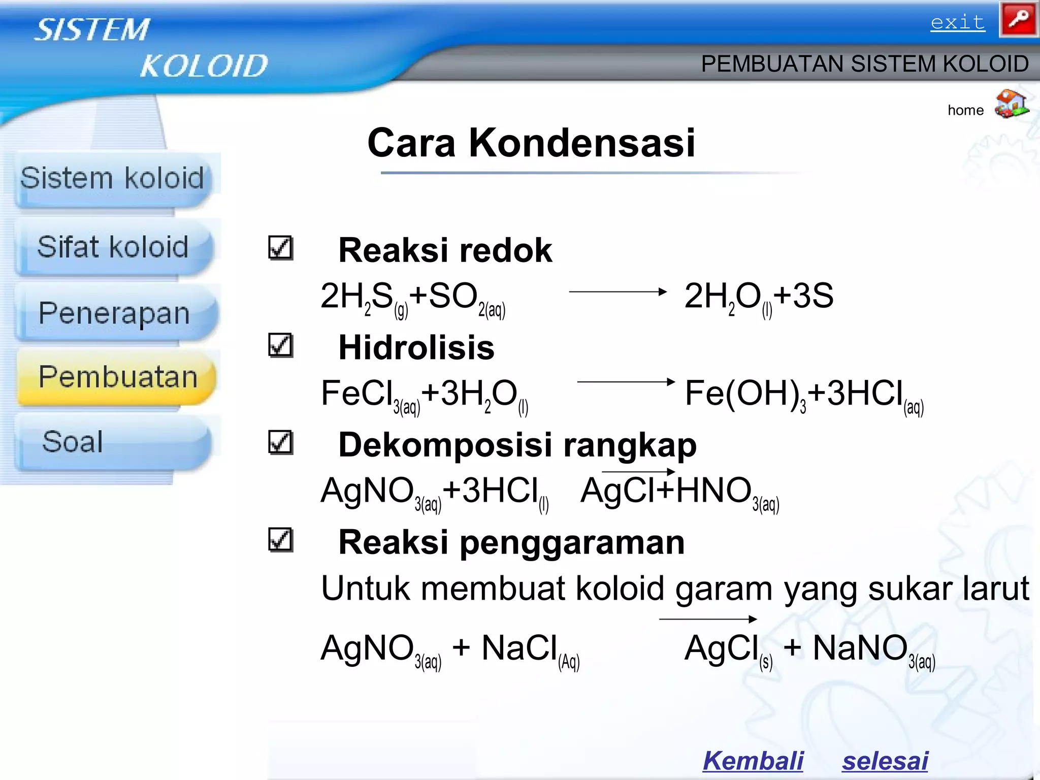 Cara Kondensasi
Reaksi redok
2H2S(g)+SO2(aq) 2H2O(l)+3S
Hidrolisis
FeCl3(aq)+3H2O(l) Fe(OH)3+3HCl(aq)
Dekomposisi rangkap
AgNO3(aq)+3HCl(l) AgCl+HNO3(aq)
Reaksi penggaraman
Untuk membuat koloid garam yang sukar larut
AgNO3(aq) + NaCl(Aq) AgCl(s) + NaNO3(aq)
PEMBUATAN SISTEM KOLOID
Kembali
home
selesai
exit
 