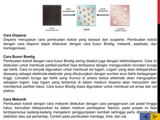 Cara Dispersi
Dispersi merupakan cara pembuatan koloid yang berasal dari suspensi. Pembuatan koloid
dengan cara dispersi dapat dilakukan dengan cara busur Bredig, mekanik, peptisasi, dan
homogenisasi.
Cara Busur Bredig
Pembuatan koloid dengan cara busur Bredig sering disebut juga dengan elektrodispersi. Cara ini
dilakukan untuk membuat partikel-partikel fase terdispersi dengan menggunakan loncatan bunga
api listrik. Cara ini banyak digunakan untuk membuat sol logam. Logam yang akan didispersikan
dipasang sebagai elektrode-elektrode yang dihubungkan dengan sumber arus listrik bertegangan
tinggi. Loncatan bunga api listrik yang muncul di antara kedua elektrode akan menguapkan
sebagian logam. Uap logam yang terbentuk di dalam medium dispersi akan menyublim dan
membentuk partikel halus. Cara busur Bredig biasa digunakan untuk membuat sol emas dan sol
platina.
Cara Mekanik
Pembuatan koloid dengan cara mekanik dilakukan dengan cara penggerusan zat padat hingga
halus, kemudian didispersikan ke dalam medium pendispersi. Namun, pada proses ini fase
terdispersinya kadang-kadang mengalami penggumpalan kembali sehingga perlu ditambahkan
stabilizer atau zat pemantap. Contoh pada pembuatan mentega, tinta, dan cat.
 