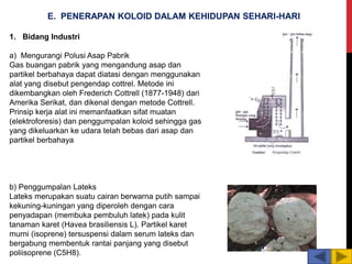 1. Bidang Industri
a) Mengurangi Polusi Asap Pabrik
Gas buangan pabrik yang mengandung asap dan
partikel berbahaya dapat diatasi dengan menggunakan
alat yang disebut pengendap cottrel. Metode ini
dikembangkan oleh Frederich Cottrell (1877-1948) dari
Amerika Serikat, dan dikenal dengan metode Cottrell.
Prinsip kerja alat ini memanfaatkan sifat muatan
(elektroforesis) dan penggumpalan koloid sehingga gas
yang dikeluarkan ke udara telah bebas dari asap dan
partikel berbahaya
b) Penggumpalan Lateks
Lateks merupakan suatu cairan berwarna putih sampai
kekuning-kuningan yang diperoleh dengan cara
penyadapan (membuka pembuluh latek) pada kulit
tanaman karet (Havea brasiliensis L). Partikel karet
murni (isoprene) tersuspensi dalam serum lateks dan
bergabung membentuk rantai panjang yang disebut
poliisoprene (C5H8).
E. PENERAPAN KOLOID DALAM KEHIDUPAN SEHARI-HARI
 
