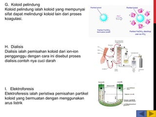 G. Koloid pelindung
Koloid pelindung ialah koloid yang mempunyai
sifat dapat melindungi koloid lain dari proses
koagulasi.
H. Dialisis
Dialisis ialah pemisahan koloid dari ion-ion
pengganggu dengan cara ini disebut proses
dialisis.contoh nya cuci darah
I. Elektroforesis
Elektroferesis ialah peristiwa pemisahan partikel
koloid yang bermuatan dengan menggunakan
arus listrik
 