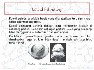 Koloid Pelindung
• Koloid pelindung adalah koloid yang ditambahkan ke dalam sistem
koloid agar menjadi stabil.
• Koloid pelindung bekerja dengan cara membentuk lapisan di
sekeliling partikel koloid lain sehingga partikel koloid yang dilindungi
tidak menggumpal atau terpisah dari mediumnya
• Contohnya, penambahan gelatin pada pembuatan es krim
dimaksudkan agar es krim tidak dapat memisah sehingga tetap
terus kenyal
 