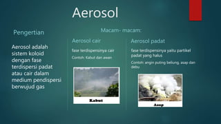 Aerosol
Aerosol padat
fase terdispensinya yaitu partikel
padat yang halus
Contoh: angin puting beliung, asap dan
debu
Aerosol cair
fase terdispensinya cair
Contoh: Kabut dan awan
Macam- macam:
Aerosol adalah
sistem koloid
dengan fase
terdispersi padat
atau cair dalam
medium pendispersi
berwujud gas
Pengertian
 