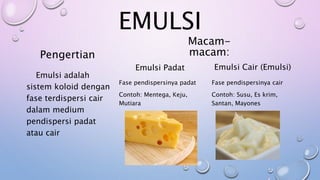 EMULSI
Pengertian
Emulsi adalah
sistem koloid dengan
fase terdispersi cair
dalam medium
pendispersi padat
atau cair
Emulsi Padat
Fase pendispersinya padat
Contoh: Mentega, Keju,
Mutiara
Emulsi Cair (Emulsi)
Fase pendispersinya cair
Contoh: Susu, Es krim,
Santan, Mayones
Macam-
macam:
 