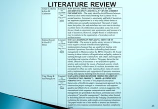 25
Johan M. Berlin
& Eric D.
Carlstrom
Emerald
DOI
10.1108/096
5356111112
6094
DPM Vol.20
No 2,
2011
WHY IS COLLABORATION MINIMISED AT THE
ACCIDENT SCENE? A CRITICAL STUDY OF A HIDDEN
PHENOMENON – The study identifies the difference between
rhetorical ideal rather than something that is carried out in
normal practice. Asymmetry, uncertainty and lack of incentives
are important explanations as to why only limited forms of
collaboration are actually implemented. The result of study
show that police, fire and ambulance services want to develop
excellent forms of collaboration at accident scene, but avoid
this as it leads to uncertainty and asymmetries and because of a
lack of incentives. However, simpler forms of collaboration
may be realistic in the organization of everyday work at
accident scenes.
Ruhizal Roosli
& Geoff O’
Brien
Emerald
DOI
10.1108/096
5356111116
1716
DPM Vol.20
No 4,
2011
SOCIAL LEARNING IN MANAGING DISASTER IN
MALAYSIA – The actors in public service sectors in Malaysia
had a negative attitude towards disaster planning
implementation because they are usually not familiar with
Standard Operational Procedure in handling land disaster
management in Malaysia called the MNSC Directive 20. Social
learning is about initiative of organization and policy makers in
learning through actor’s interactions with others and trough the
knowledge and expertise of others. The paper shows that the
MNSC Directive 20 document is not available for public
scrutiny and restricted for reason of national security, which
limits the policy’s effectiveness. Even then, documents were
circulated for office use only. Learning from status of current
policy implementation and suggestion will promote awareness
raising and capacity building from the inside of organizations.
Ying Zhong &
Sui Pheng Low
Emerald
DOI
10.1108/096
5356091096
5637
DPM Vol.18
No 3,
2009
MANAGING CRISIS RESPONSE COMMUNICATION IN
CONSTRUCTION PROJECT – FROM A COMPLEXITY
PERSPECTIVE – In terms of this proposal conceptual
framework, a flexible & adaptive management approach for the
construction project manager to communicate and response
quickly and effectively in a midst of a crisis is suggested. The
conventional crisis response communication models and
management are grounded on the linear, command-and-control
principles of “scientific management”, that they rather limited
in describing flexible reaction to the changing circumstances &
explaining the dynamic and complex crisis response situations.
The paper breaks out of this mould to propose an alternative
model for crisis response communication based on complexity
theory.
 