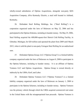 15
wholly-owned subsidiaries of Optima Acquisitions, alongside non-party KES
Acquisition Company, d/b/a Kentucky Electric, a steel mill located in Ashland,
Kentucky.
26. Defendant Steel Rolling Holdings, Inc. (“Steel Rolling”) is a
corporation organized under the laws of Delaware on May 22, 2006 and has
participated in the Optima Schemes, including to launder money. On May 25, 2006,
Steel Rolling acquired the 600,000-square-foot Detroit Cold Rolling Facility, in
Gibraltar, Michigan, for $20 million and operated the plant from 2009 until March
2015, when it sold the plant to non-party Ferragon Steel Rolling for an undisclosed
sum.
27. Defendant Optima Group, LLC (“Optima Group”) is a limited liability
company organized under the laws of Delaware on August 8, 2008 to participate in
the Optima Schemes, including to launder money. It is an affiliate of Optima
Ventures LLC and Optima Acquisitions. Optima Group is owned directly or
indirectly by the UBOs, Korf, and Laber.
28. Defendant Optima Ventures LLC (“Optima Ventures”) is a limited
liability company organized under the laws of Delaware on January 1, 2008 to
participate in the Optima Schemes, including to launder money. Optima Ventures
was the primary vehicle through which the UBOs acquired commercial real estate
in the United States with the misappropriated loan proceeds. Optima Ventures is
 