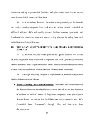 25
businesses looking to protect their funds in a safe place at favorable deposit interest
rates deposited their money at PrivatBank.
56. As it turned out, however, the overwhelming majority of the loans in
the vastly expanding corporate loan book were to entities owned, controlled, or
affiliated with the UBOs and used by them to facilitate massive, systematic, and
fraudulent loan misappropriation and loan recycling schemes, including those used
to facilitate the Optima Schemes.
III. THE LOAN MISAPPROPRIATION AND MONEY LAUNDERING
SCHEMES
57. As relevant here, the central pillar of the Optima Schemes was the use
of funds originated from PrivatBank’s corporate loan book (specifically from the
Optima Scheme Loans) to purchase assets and to finance business enterprises in the
United States for the benefit of the UBOs and their Optima Conspirators.
58. Although incredibly complex in implementation, the basic design of the
Optima Schemes was as follows:
 Step 1—Funding Under False Pretenses: The UBOs, with the assistance of
the Shadow Bank (as described below), caused PrivatBank to fund hundreds
of millions of dollars’ worth of illegitimate corporate loans (the Optima
Scheme Loans) to entities that the UBOs own and/or control (“the UBO-
Controlled Loan Borrowers”) through false and inaccurate loan
documentation.
 