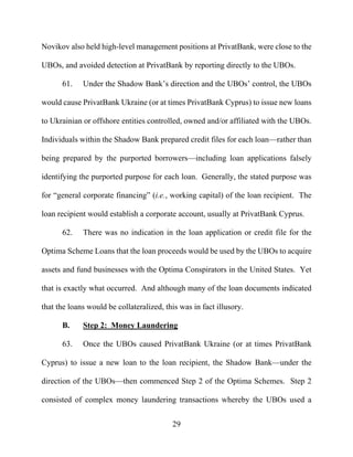 29
Novikov also held high-level management positions at PrivatBank, were close to the
UBOs, and avoided detection at PrivatBank by reporting directly to the UBOs.
61. Under the Shadow Bank’s direction and the UBOs’ control, the UBOs
would cause PrivatBank Ukraine (or at times PrivatBank Cyprus) to issue new loans
to Ukrainian or offshore entities controlled, owned and/or affiliated with the UBOs.
Individuals within the Shadow Bank prepared credit files for each loan—rather than
being prepared by the purported borrowers—including loan applications falsely
identifying the purported purpose for each loan. Generally, the stated purpose was
for “general corporate financing” (i.e., working capital) of the loan recipient. The
loan recipient would establish a corporate account, usually at PrivatBank Cyprus.
62. There was no indication in the loan application or credit file for the
Optima Scheme Loans that the loan proceeds would be used by the UBOs to acquire
assets and fund businesses with the Optima Conspirators in the United States. Yet
that is exactly what occurred. And although many of the loan documents indicated
that the loans would be collateralized, this was in fact illusory.
B. Step 2: Money Laundering
63. Once the UBOs caused PrivatBank Ukraine (or at times PrivatBank
Cyprus) to issue a new loan to the loan recipient, the Shadow Bank—under the
direction of the UBOs—then commenced Step 2 of the Optima Schemes. Step 2
consisted of complex money laundering transactions whereby the UBOs used a
 