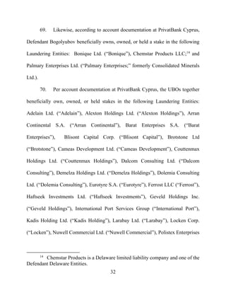32
69. Likewise, according to account documentation at PrivatBank Cyprus,
Defendant Bogolyubov beneficially owns, owned, or held a stake in the following
Laundering Entities: Bonique Ltd. (“Bonique”), Chemstar Products LLC;14
and
Palmary Enterprises Ltd. (“Palmary Enterprises;” formerly Consolidated Minerals
Ltd.).
70. Per account documentation at PrivatBank Cyprus, the UBOs together
beneficially own, owned, or held stakes in the following Laundering Entities:
Adelain Ltd. (“Adelain”), Alexton Holdings Ltd. (“Alexton Holdings”), Arran
Continental S.A. (“Arran Continental”), Barat Enterprises S.A. (“Barat
Enterprises”), Blisont Capital Corp. (“Blisont Capital”), Brotstone Ltd
(“Brotstone”), Cameas Development Ltd. (“Cameas Development”), Couttenmax
Holdings Ltd. (“Couttenmax Holdings”), Dalcom Consulting Ltd. (“Dalcom
Consulting”), Demelza Holdings Ltd. (“Demelza Holdings”), Dolemia Consulting
Ltd. (“Dolemia Consulting”), Eurotyre S.A. (“Eurotyre”), Ferrost LLC (“Ferrost”),
Haftseek Investments Ltd. (“Haftseek Investments”), Geveld Holdings Inc.
(“Geveld Holdings”), International Port Services Group (“International Port”),
Kadis Holding Ltd. (“Kadis Holding”), Larabay Ltd. (“Larabay”), Locken Corp.
(“Locken”), Nuwell Commercial Ltd. (“Nuwell Commercial”), Polistex Enterprises
14
Chemstar Products is a Delaware limited liability company and one of the
Defendant Delaware Entities.
 
