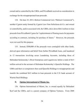 58
owned and/or controlled by the UBOs, and PrivatBank received no consideration in
exchange for the misappropriated loan proceeds.
134. On June 25, 2013, Bolroot Commercial Ltd. (“Bolroot Commercial”),
another Cypriot entity formed by Cypriot Law Firm Sofocleous & Co. and owned
or controlled by, and/or associated with, the UBOs, drew down $66.6 million in loan
proceeds from PrivatBank Cyprus for “replenishment of floating assets for payments
according to contracts, including for purchase of shares.” However, the proceeds
were not used for this purpose.
135. Instead, $500,000 of the proceeds were comingled with other funds,
derived upon information and belief from further PrivatBank loans, and laundered
in 12 transactions involving seven Laundering Accounts, including those of
Defendant Kolomoisky’s Divot Enterprises and Logarinvest, before a total of $4.5
million arrived in the account of Defendant Kolomoisky’s Querella Holdings. The
UBOs and their co-conspirators then used Querella Holdings to misappropriate and
transfer the combined $4.5 million in loan proceeds to the U.S. bank account of
Warren Steel Holdings.
D. Optima International of Miami, Inc.
136. Optima International of Miami, Inc. is owned equally by Defendant
Korf and the UBOs, and is a parent company of Optima Ventures. From 2008
 