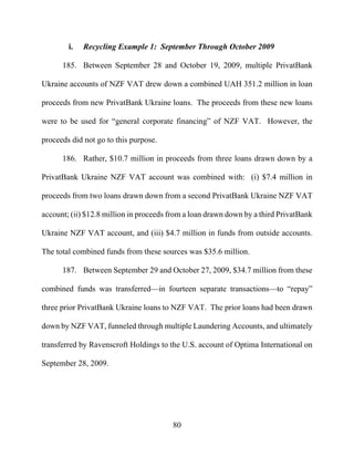 80
i. Recycling Example 1: September Through October 2009
185. Between September 28 and October 19, 2009, multiple PrivatBank
Ukraine accounts of NZF VAT drew down a combined UAH 351.2 million in loan
proceeds from new PrivatBank Ukraine loans. The proceeds from these new loans
were to be used for “general corporate financing” of NZF VAT. However, the
proceeds did not go to this purpose.
186. Rather, $10.7 million in proceeds from three loans drawn down by a
PrivatBank Ukraine NZF VAT account was combined with: (i) $7.4 million in
proceeds from two loans drawn down from a second PrivatBank Ukraine NZF VAT
account; (ii) $12.8 million in proceeds from a loan drawn down by a third PrivatBank
Ukraine NZF VAT account, and (iii) $4.7 million in funds from outside accounts.
The total combined funds from these sources was $35.6 million.
187. Between September 29 and October 27, 2009, $34.7 million from these
combined funds was transferred—in fourteen separate transactions—to “repay”
three prior PrivatBank Ukraine loans to NZF VAT. The prior loans had been drawn
down by NZF VAT, funneled through multiple Laundering Accounts, and ultimately
transferred by Ravenscroft Holdings to the U.S. account of Optima International on
September 28, 2009.
 