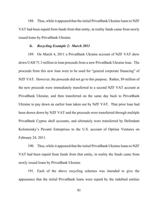 81
188. Thus, while it appeared that the initial PrivatBank Ukraine loans to NZF
VAT had been repaid from funds from that entity, in reality funds came from newly
issued loans by PrivatBank Ukraine.
ii. Recycling Example 2: March 2011
189. On March 4, 2011 a PrivatBank Ukraine account of NZF VAT drew
down UAH 71.3 million in loan proceeds from a new PrivatBank Ukraine loan. The
proceeds from this new loan were to be used for “general corporate financing” of
NZF VAT. However, the proceeds did not go to this purpose. Rather, $9 million of
the new proceeds were immediately transferred to a second NZF VAT account at
PrivatBank Ukraine, and then transferred on the same day back to PrivatBank
Ukraine to pay down an earlier loan taken out by NZF VAT. That prior loan had
been drawn down by NZF VAT and the proceeds were transferred through multiple
PrivatBank Cyprus shell accounts, and ultimately were transferred by Defendant
Kolomoisky’s Pavanti Enterprises to the U.S. account of Optima Ventures on
February 24, 2011.
190. Thus, while it appeared that the initial PrivatBank Ukraine loans to NZF
VAT had been repaid from funds from that entity, in reality the funds came from
newly issued loans by PrivatBank Ukraine.
191. Each of the above recycling schemes was intended to give the
appearance that the initial PrivatBank loans were repaid by the indebted entities
 