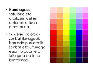 • Handiagoa:
  saturazio eta
  argitasun gehien
  dutenen artean
  ematen da.

• Txikiena: koloreak
  zenbat ilunagoak
  izan edo puruetatik
  zenbat eta urrunago
  egon, orduan eta
  txikiagoa da tonu
  kontrastea.
 