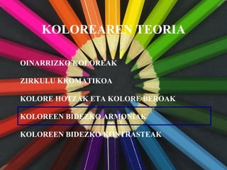 KOLOREAREN TEORIA
OINARRIZKO KOLOREAK
KOLORE HOTZAK ETA KOLORE BEROAK
KOLOREEN BIDEZKO ARMONIAK
KOLOREEN BIDEZKO KONTRASTEAK
ZIRKULU KROMATIKOA
 