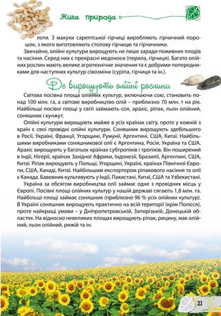 лоти. З макухи сарептської гірчиці виробляють гірчичний поро-
шок, з якого виготовляють столову гірчицю та гірчичники.
Звичайно, олійні культури вирощують не лише заради поживних плодів
та насіння. Серед них є прекрасні медоноси (перила, гірчиця). Багато олій-
них рослин мають велике агротехнічне значення та є добрими попередни-
ками для наступних культур сівозміни (суріпа, гірчиця та ін.).
Де вирощують олійні рослини
Світова посівна площа олійних культур, включаючи сою, становить по-
над 100 млн. га, а світове виробництво олій – приблизно 70 млн. т на рік.
Найбільші посівні площі у світі займають соя, арахіс, ріпак, льон олійний,
соняшник і кунжут.
Олійні культури вирощують майже в усіх країнах світу, проте у кожній з
країн є свої провідні олійні культури. Соняшник вирощують здебільшого
в Росії, Україні, Франції, Угорщині, Румунії, Аргентині, США, Китаї. Найбіль-
шими виробниками соняшникової олії є Аргентина, Росія, Україна та США.
Арахіс вирощують у багатьох країнах субтропіків і тропіків. Він поширений
в Індії, Нігерії, країнах Західної Африки, Індонезії, Бразилії, Аргентині, США,
Китаї. Ріпак вирощують у Польщі, Угорщині, Україні, країнах Північної Євро-
пи, США, Канаді, Китаї. Найбільшим експортером ріпакового насіння та олії
є Канада. Бавовник культивують у Індії, Пакистані, Китаї, США та Узбекистані.
Україна за обсягом виробництва олії займає одне з провідних місць у
Європі. Посівні площі олійних культур у нашій державі сягають 1,8 млн. га.
Найбільші площі займає соняшник (приблизно 96 % усіх олійних культур).
В Україні соняшник вирощують практично на всій території (крім Полісся),
проте найкращі умови – у Дніпропетровській, Запорізькій, Донецькій об-
ластях. На відносно невеликих площах вирощують ріпак, рицину, мак олій-
ний, льон олійний, рижій та ін.
21
 