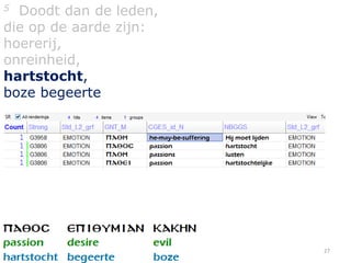 5 Doodt dan de leden,
die op de aarde zijn:
hoererij,
onreinheid,
hartstocht,
boze begeerte




                        27
 