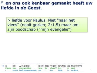 8  en ons ook kenbaar gemaakt heeft uw
liefde in de Geest.


    > liefde voor Paulus. Niet "naar het
    vlees" (nooit gezien; 2:1,5) maar om
    zijn boodschap ("mijn evangelie")




                                           12
 