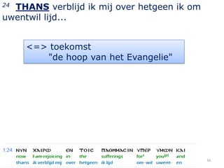 24THANS verblijd ik mij over hetgeen ik om
uwentwil lijd...


     <=> toekomst
        "de hoop van het Evangelie"




                                             16
 