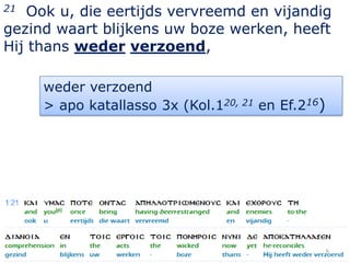 21  Ook u, die eertijds vervreemd en vijandig
gezind waart blijkens uw boze werken, heeft
Hij thans weder verzoend,

     weder verzoend
     > apo katallasso 3x (Kol.120, 21 en Ef.216)




                                                   6
 