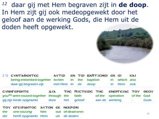 12 daar gij met Hem begraven zijt in de doop.
In Hem zijt gij ook medeopgewekt door het
geloof aan de werking Gods, die Hem uit de
doden heeft opgewekt.




                                            10
 