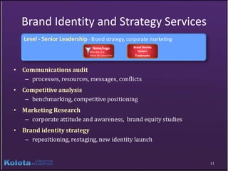 Brand Identity and Strategy Services
   Level - Senior Leadership - Brand strategy, corporate marketing
                                Name/Logo         Brand Identity
                              Who We Are,            System
                              What We Stand For    Trademarks



• Communications audit
   – processes, resources, messages, conflicts
• Competitive analysis
   – benchmarking, competitive positioning
• Marketing Research
   – corporate attitude and awareness, brand equity studies
• Brand identity strategy
   – repositioning, restaging, new identity launch


                                                                     11
 