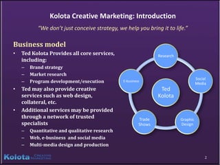 Kolota Creative Marketing: Introduction
           “We don’t just conceive strategy, we help you bring it to life.”

Business model
•   Ted Kolota Provides all core services,                       Research
    including:
    –   Brand strategy
    –   Market research
                                                                                      Social
    –   Program development/execution           E-business
                                                                                      Media
•   Ted may also provide creative                                 Ted
    services such as web design,                                 Kolota
    collateral, etc.
•   Additional services may be provided
    through a network of trusted                         Trade              Graphic
    specialists                                          Shows              Design
    –   Quantitative and qualitative research
    –   Web, e-business and social media
    –   Multi-media design and production

                                                                                           2
 