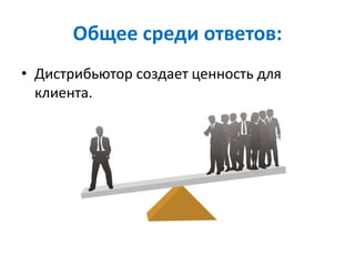 Общее среди ответов:
• Дистрибьютор создает ценность для
клиента.
 