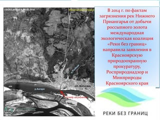 В 2014 г. по фактам 
загрязнения рек Нижнего 
Приангарья от добычи 
россыпного золота 
международная 
экологическая коалиция 
«Реки без границ» 
направила заявления в 
Красноярскую 
природоохранную 
прокуратуру, 
Росприроднадзор и 
Минприроды 
Красноярского края 
 