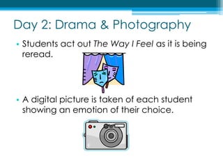 Day 2: Drama & PhotographyStudents act out The Way I Feel as it is being reread.A digital picture is taken of each student showing an emotion of their choice.
