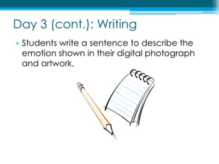 Day 3 (cont.): WritingStudents write a sentence to describe the emotion shown in their digital photograph and artwork.