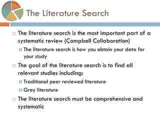 The Literature Search 
The literature search is the most important part of a systematic review (Campbell Collaboration) 
The literature search is how you obtain your data for your study 
The goal of the literature search is to find all relevant studies including: 
Traditional peer reviewed literature 
Grey literature 
The literature search must be comprehensive and systematic  