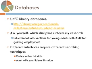 Databases 
UofC Library databases: 
http://library.ucalgary.ca/search- collections/databases-subject-or-name 
Ask yourself: which disciplines inform my research 
Educational interventions for young adults with ASD for gaining employment 
Different interfaces require different searching techniques 
Review online tutorials 
Meet with your liaison librarian  