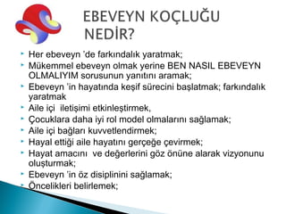    Her ebeveyn ’de farkındalık yaratmak;
   Mükemmel ebeveyn olmak yerine BEN NASIL EBEVEYN
    OLMALIYIM sorusunun yanıtını aramak;
   Ebeveyn ’in hayatında keşif sürecini başlatmak; farkındalık
    yaratmak
   Aile içi iletişimi etkinleştirmek,
   Çocuklara daha iyi rol model olmalarını sağlamak;
   Aile içi bağları kuvvetlendirmek;
   Hayal ettiği aile hayatını gerçeğe çevirmek;
   Hayat amacını ve değerlerini göz önüne alarak vizyonunu
    oluşturmak;
   Ebeveyn ’in öz disiplinini sağlamak;
   Öncelikleri belirlemek;
 