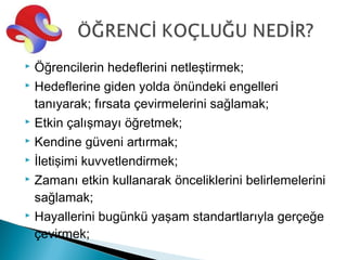  Öğrencilerin hedeflerini netleştirmek;
 Hedeflerine giden yolda önündeki engelleri

  tanıyarak; fırsata çevirmelerini sağlamak;
 Etkin çalışmayı öğretmek;

 Kendine güveni artırmak;

 İletişimi kuvvetlendirmek;

 Zamanı etkin kullanarak önceliklerini belirlemelerini

  sağlamak;
 Hayallerini bugünkü yaşam standartlarıyla gerçeğe

  çevirmek;
 