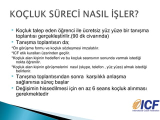    Koçluk talep eden öğrenci ile ücretsiz yüz yüze bir tanışma
    toplantısı gerçekleştirilir.(90 dk civarında)
   Tanışma toplantısın da;
*Ön görüşme formu ve koçluk sözleşmesi imzalatılır.
*ICF etik kuralları üzerinden geçilir.
*Koçluk alan kişinin hedefleri ve bu koçluk seansının sonunda varmak istediği
   nokta öğrenilir.
*Koçluk alan kişinin görüşmelerini nasıl (skype, telefon , yüz yüze) almak istediği
   belirlenir.
   Tanışma toplantısından sonra karşılıklı anlaşma
    sağlanırsa süreç başlar
   Değişimin hissedilmesi için en az 6 seans koçluk alınması
    gerekmektedir
 