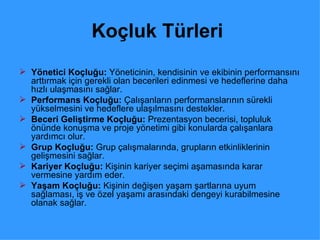 Koçluk Türleri   Yönetici Koçluğu:  Yöneticinin, kendisinin ve ekibinin performansını arttırmak için gerekli olan becerileri edinmesi ve hedeflerine daha hızlı ulaşmasını sağlar.  Performans Koçluğu:  Çalışanların performanslarının sürekli yükselmesini ve hedeflere ulaşılmasını destekler.  Beceri Geliştirme Koçluğu:  Prezentasyon becerisi, topluluk önünde konuşma ve proje yönetimi gibi konularda çalışanlara yardımcı olur.  Grup Koçluğu:  Grup çalışmalarında, grupların etkinliklerinin gelişmesini sağlar.  Kariyer Koçluğu:  Kişinin kariyer seçimi aşamasında karar vermesine yardım eder.  Yaşam Koçluğu:  Kişinin değişen yaşam şartlarına uyum sağlaması, iş ve özel yaşamı arasındaki dengeyi kurabilmesine olanak sağlar.  