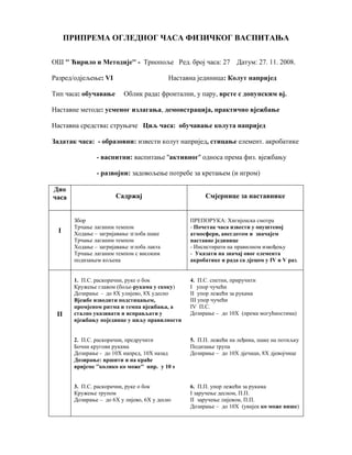 ПРИПРЕМА ОГЛЕДНОГ ЧАСА ФИЗИЧКОГ ВАСПИТАЊА
ОШ '' Ћирило и Методије'' - Трнопоље Ред. број часа: 27 Датум: 27. 11. 2008.
Разред/одјељење: VI Наставна јединица: Колут напријед
Тип часа: обучавање Облик рада: фронтални, у пару, врсте с допунским вј.
Наставне методе: усменог излагања, демонстрација, практично вјежбање
Наставна средства: струњаче Циљ часа: обучавање колута напријед
Задатак часа: - образовни: извести колут напријед, стицање елемент. акробатике
- васпитни: васпитање ''активног'' односа према физ. вјежбању
- развојни: задовољење потребе за кретањем (и игром)
Дио
часа Садржај Смјернице за наставнике
I
Збор
Трчање лаганим темпом
Ходање – загријавање зглоба шаке
Трчање лаганим темпом
Ходање – загријавање зглоба лакта
Трчање лаганим темпом с високим
подизањем кољена
ПРЕПОРУКА: Хигијенска смотра
- Почетак часа извести у опуштеној
атмосфери, анегдотом и значајем
наставне јединице
- Инсистирати на правилном извођењу
- Указати на значај овог елемента
акробатике и рада са дјецом у IV и V раз.
II
1. П.С. раскорачни, руке о бок
Кружење главом (боље-рукама у скоку)
Дозирање - до 8X улијево, 8X удесно
Вјежбе изводити подстицањем,
промјеном ритма и темпа вјежбања, а
стално указивати и исправљати у
вјежбању појединце у циљу правилности
4. П.С. спетни, приручити
I упор чучећи
II упор лежећи за рукама
III упор чучећи
IV П.С.
Дозирање – до 10X (према могућностима)
2. П.С. раскорачни, предручити
Бочни кругови рукама
Дозирање - до 10X напред, 10X назад
Дозирање: вршити и на краће
вријеме ''колико ко може'' нпр. у 10 s
5. П.П. лежећи на леђима, шаке на потиљку
Подизање трупа
Дозирање – до 10X дјечаци, 8X дјевојчице
3. П.С. раскорачни, руке о бок
Кружење трупом
Дозирање – до 6X у лијево, 6X у десно
6. П.П. упор лежећи за рукама
I заручење десном, П.П.
II заручење лијевом, П.П.
Дозирање – до 10X (увијек ко може више)
 