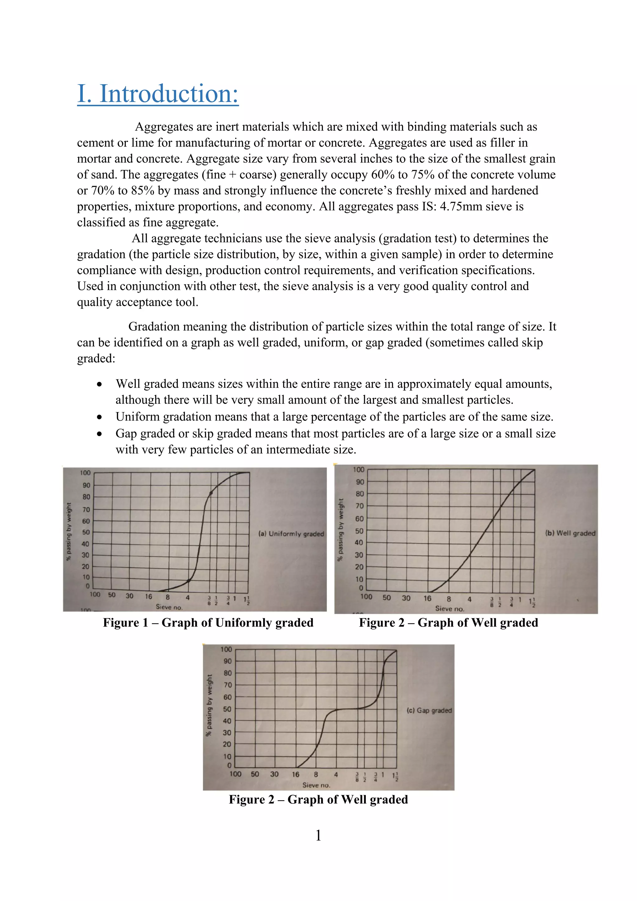 1
I. Introduction:
Aggregates are inert materials which are mixed with binding materials such as
cement or lime for manufacturing of mortar or concrete. Aggregates are used as filler in
mortar and concrete. Aggregate size vary from several inches to the size of the smallest grain
of sand. The aggregates (fine + coarse) generally occupy 60% to 75% of the concrete volume
or 70% to 85% by mass and strongly influence the concrete’s freshly mixed and hardened
properties, mixture proportions, and economy. All aggregates pass IS: 4.75mm sieve is
classified as fine aggregate.
All aggregate technicians use the sieve analysis (gradation test) to determines the
gradation (the particle size distribution, by size, within a given sample) in order to determine
compliance with design, production control requirements, and verification specifications.
Used in conjunction with other test, the sieve analysis is a very good quality control and
quality acceptance tool.
Gradation meaning the distribution of particle sizes within the total range of size. It
can be identified on a graph as well graded, uniform, or gap graded (sometimes called skip
graded:
 Well graded means sizes within the entire range are in approximately equal amounts,
although there will be very small amount of the largest and smallest particles.
 Uniform gradation means that a large percentage of the particles are of the same size.
 Gap graded or skip graded means that most particles are of a large size or a small size
with very few particles of an intermediate size.
Figure 1 – Graph of Uniformly graded Figure 2 – Graph of Well graded
Figure 2 – Graph of Well graded
 
